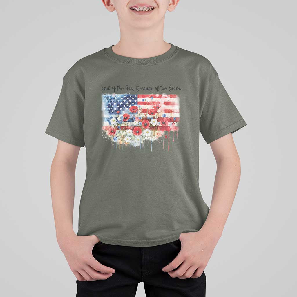 Funny 4th Of July Land Of The Free Because Of The Brave T Shirt For Kid American Flag Flowers - Wonder Print Shop