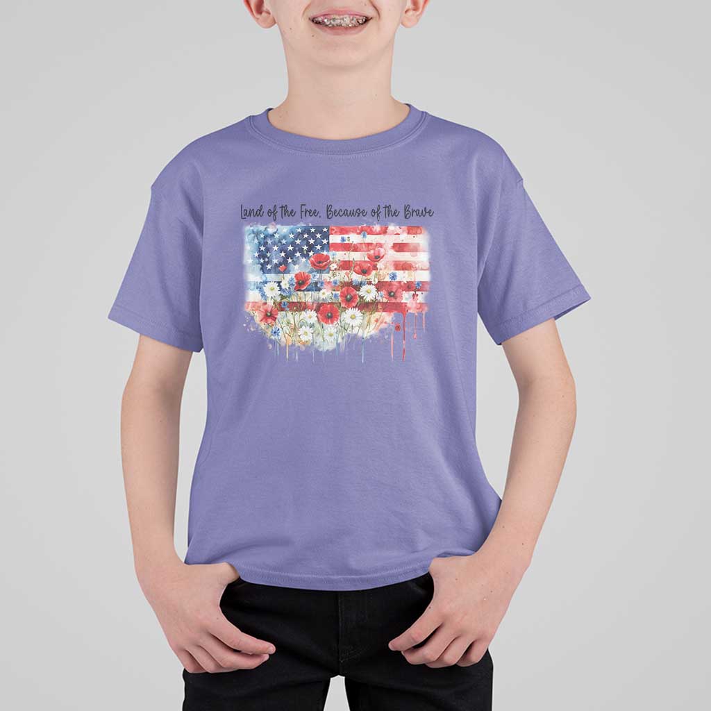 Funny 4th Of July Land Of The Free Because Of The Brave T Shirt For Kid American Flag Flowers - Wonder Print Shop