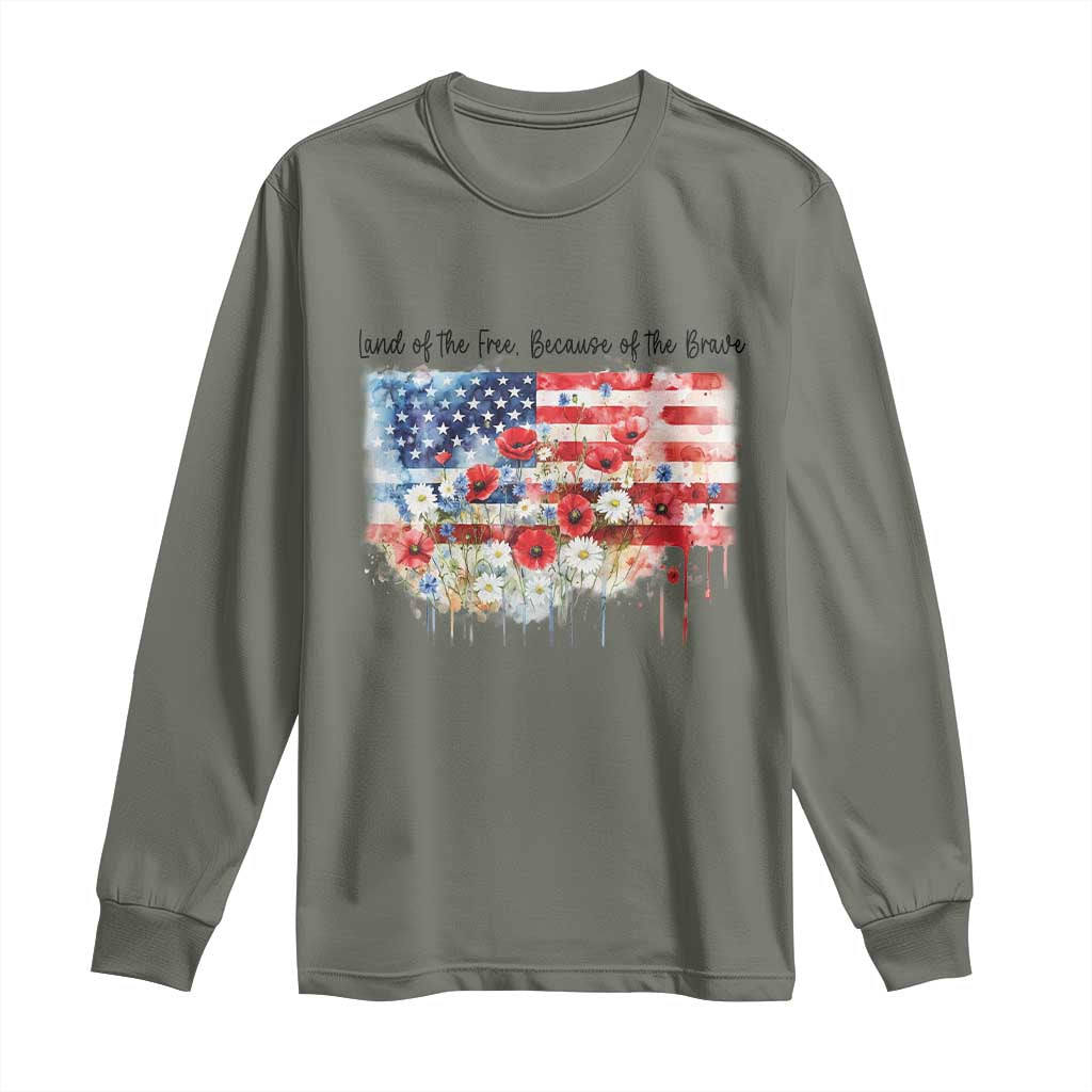 Funny 4th Of July Land Of The Free Because Of The Brave Long Sleeve Shirt American Flag Flowers - Wonder Print Shop