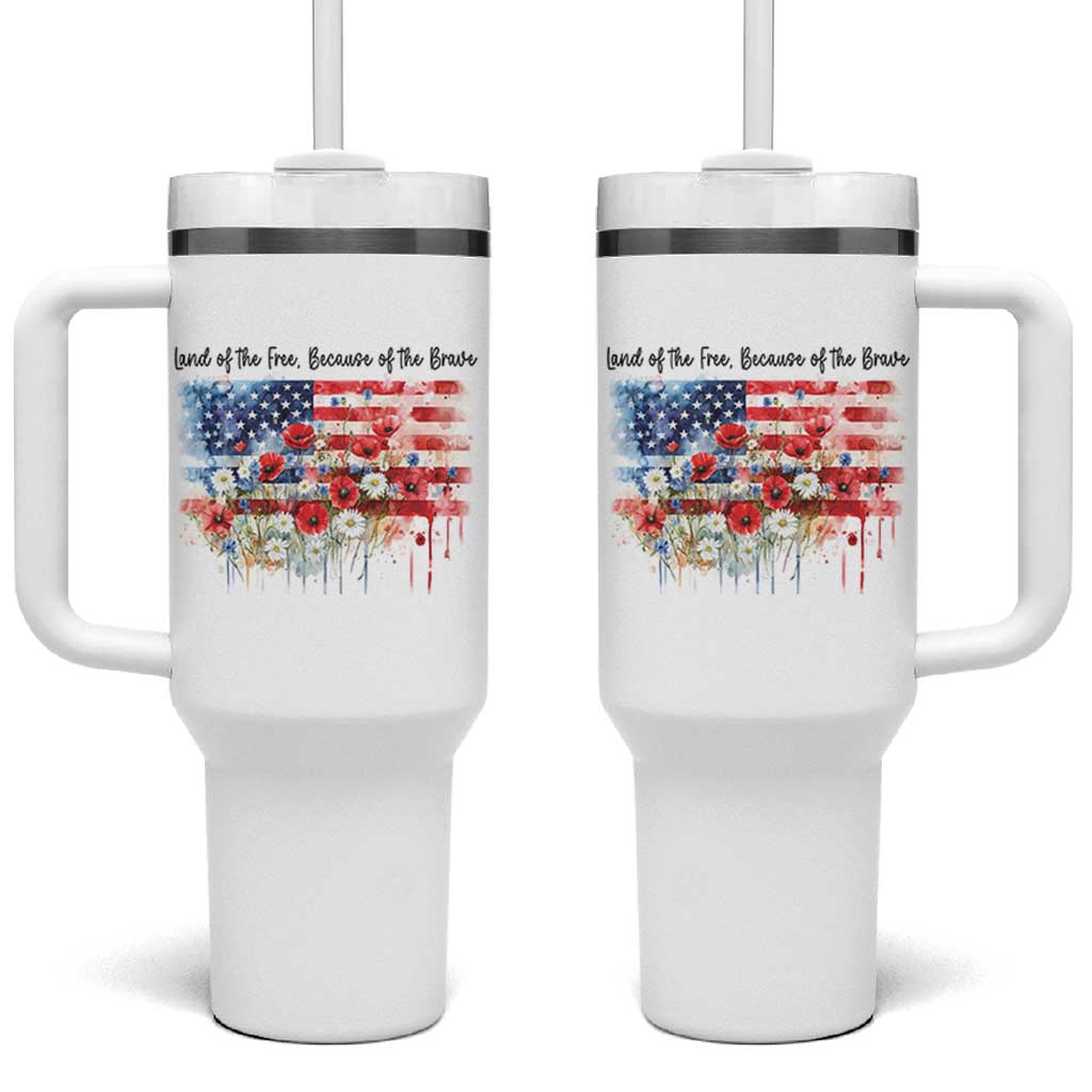 Funny 4th Of July Land Of The Free Because Of The Brave Tumbler With Handle American Flag Flowers - Wonder Print Shop