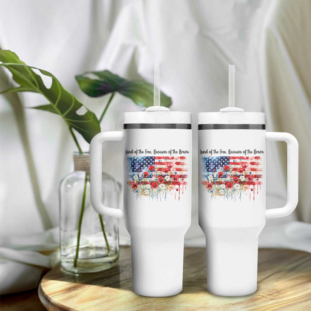 Funny 4th Of July Land Of The Free Because Of The Brave Tumbler With Handle American Flag Flowers - Wonder Print Shop
