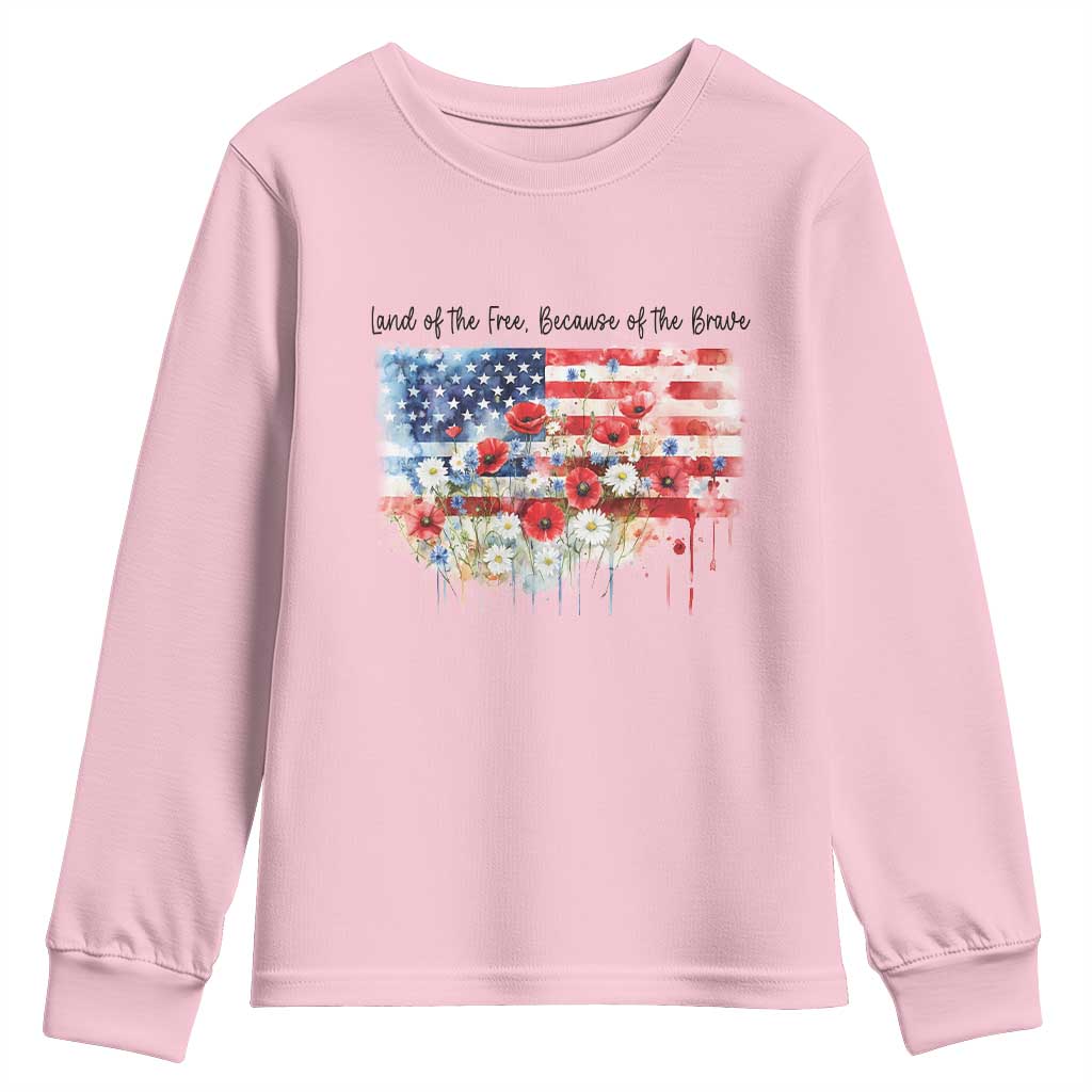Funny 4th Of July Land Of The Free Because Of The Brave Youth Sweatshirt American Flag Flowers - Wonder Print Shop
