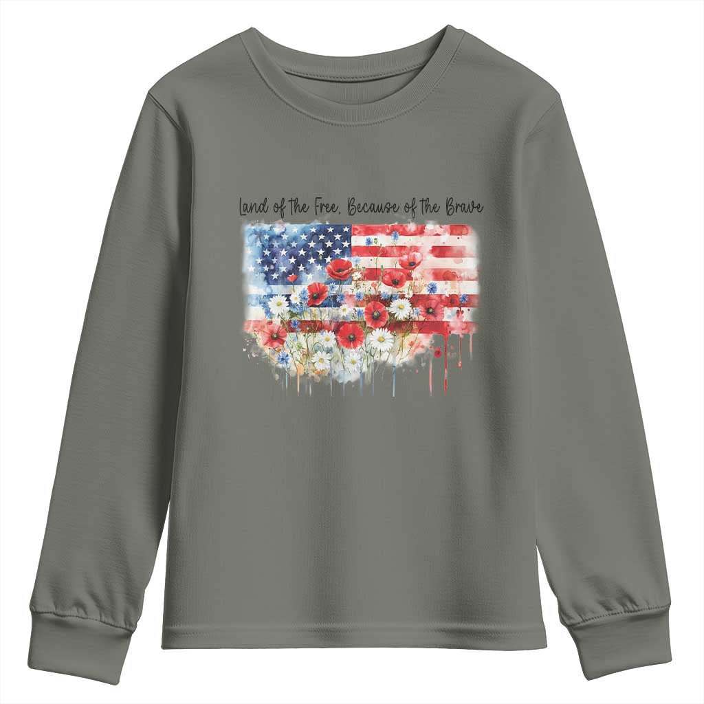 Funny 4th Of July Land Of The Free Because Of The Brave Youth Sweatshirt American Flag Flowers - Wonder Print Shop