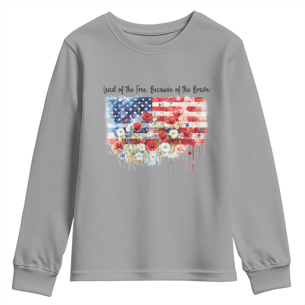 Funny 4th Of July Land Of The Free Because Of The Brave Youth Sweatshirt American Flag Flowers - Wonder Print Shop