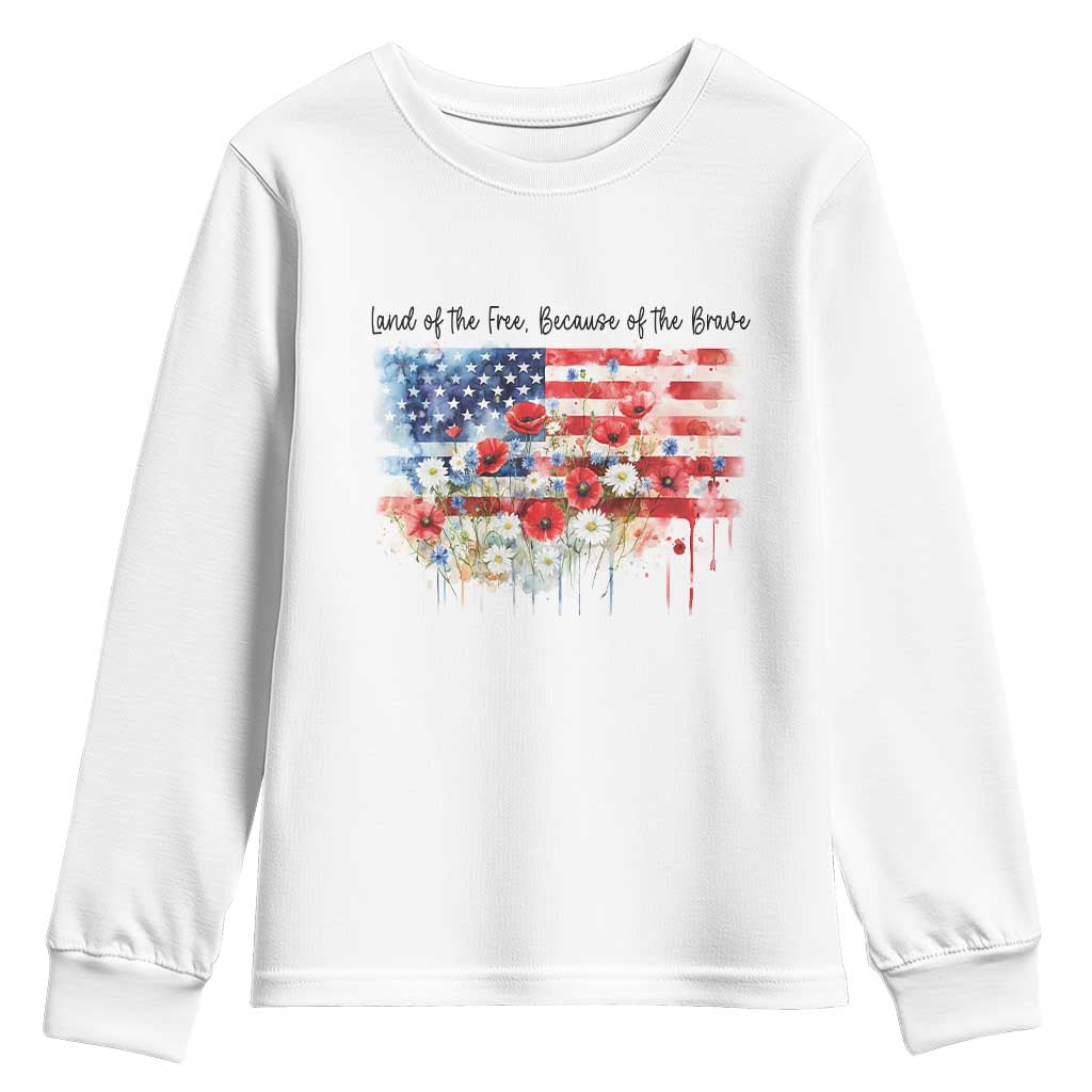 Funny 4th Of July Land Of The Free Because Of The Brave Youth Sweatshirt American Flag Flowers - Wonder Print Shop