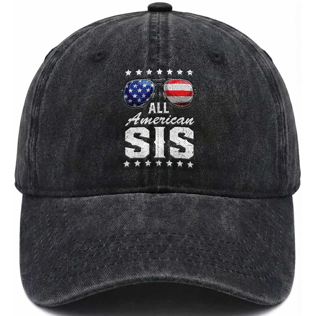 Funny All American Sis 4th Of July Washed Cotton Baseball Cap Family Matching Sunglasses TS11
