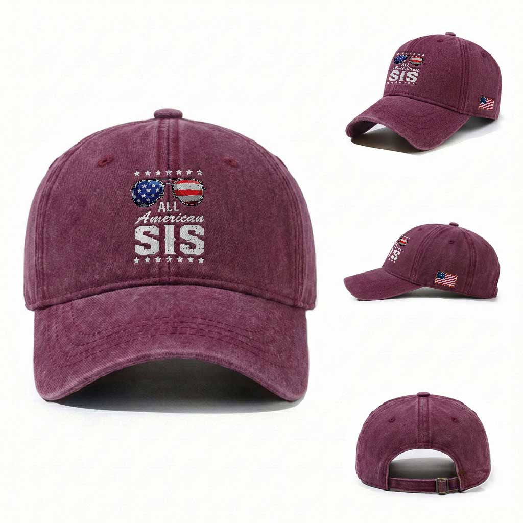 Funny All American Sis 4th Of July Washed Cotton Baseball Cap Family Matching Sunglasses TS11