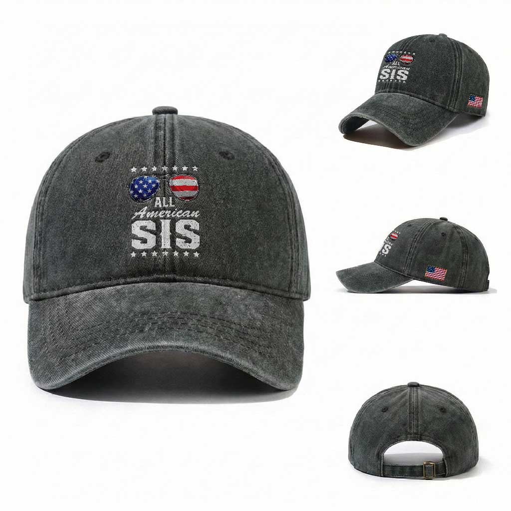 Funny All American Sis 4th Of July Washed Cotton Baseball Cap Family Matching Sunglasses TS11