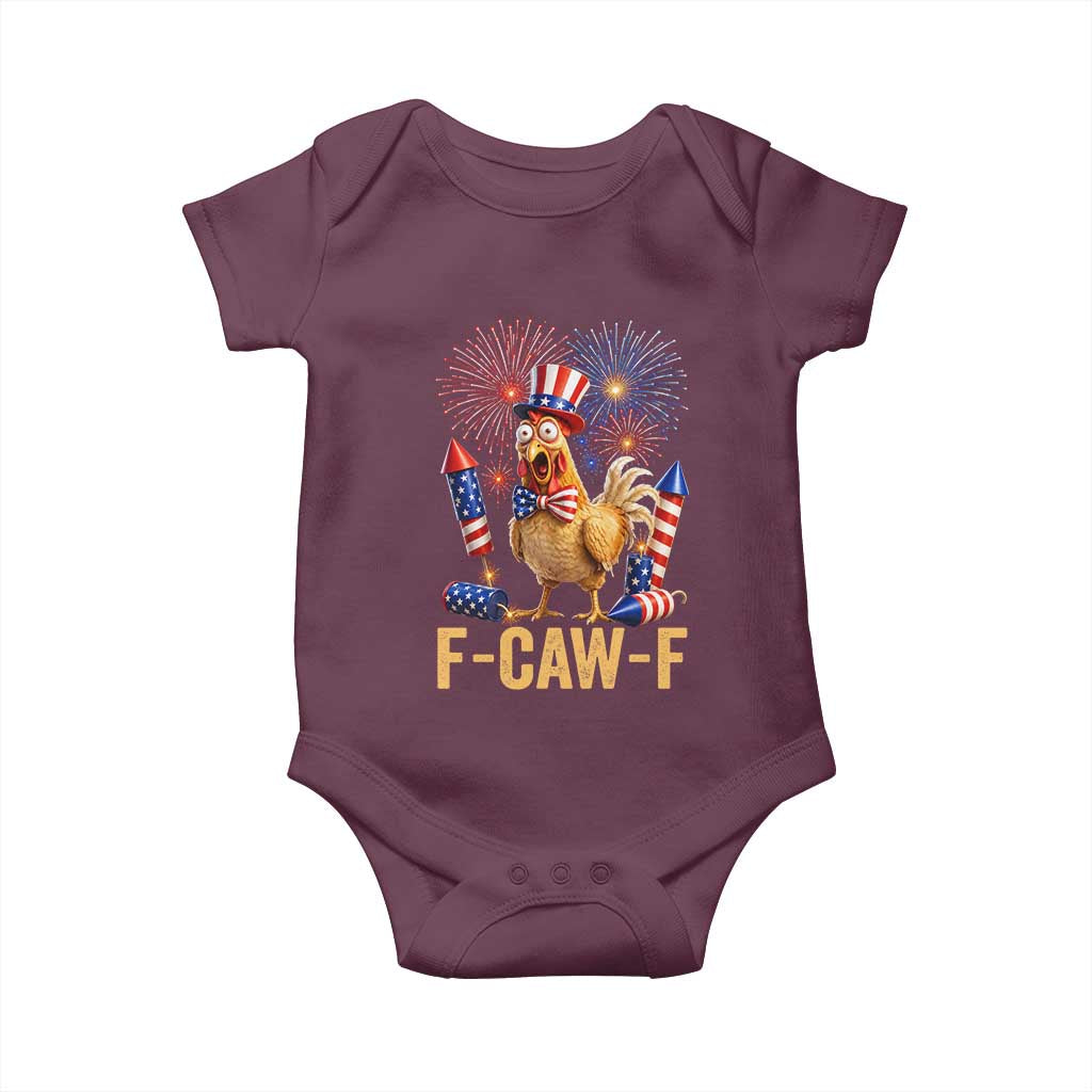 F Caw F 4th of July Baby Onesie Funny Rooster Meme American Flag Fireworks