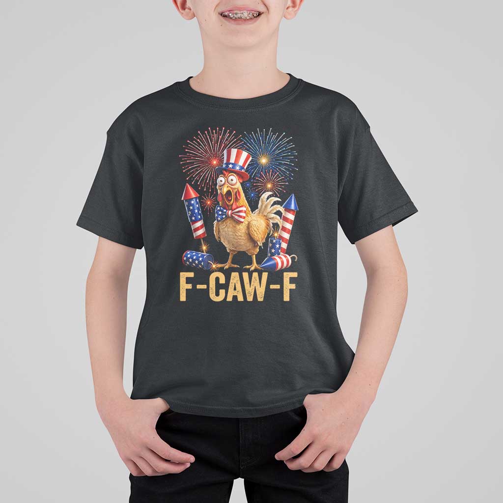F Caw F 4th of July T Shirt For Kid Funny Rooster Meme American Flag Fireworks