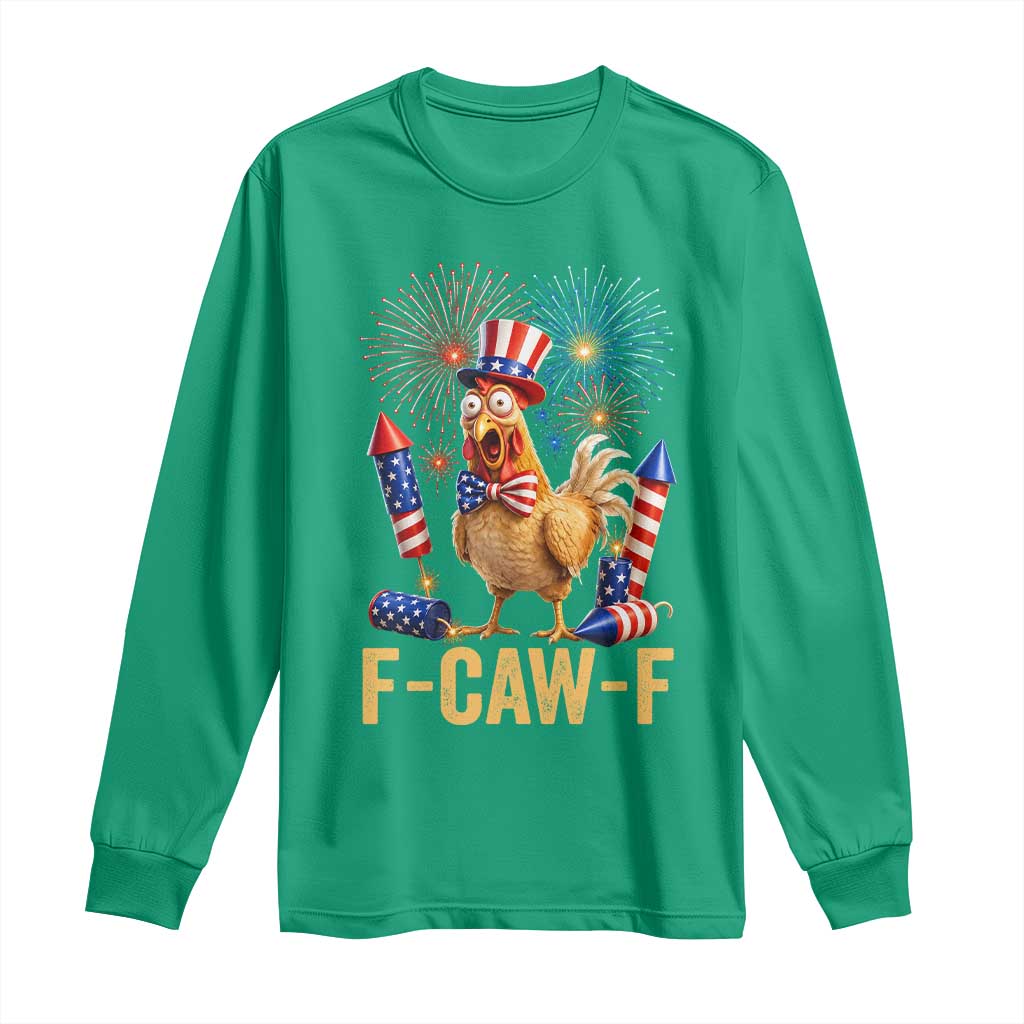 F Caw F 4th of July Long Sleeve Shirt Funny Rooster Meme American Flag Fireworks