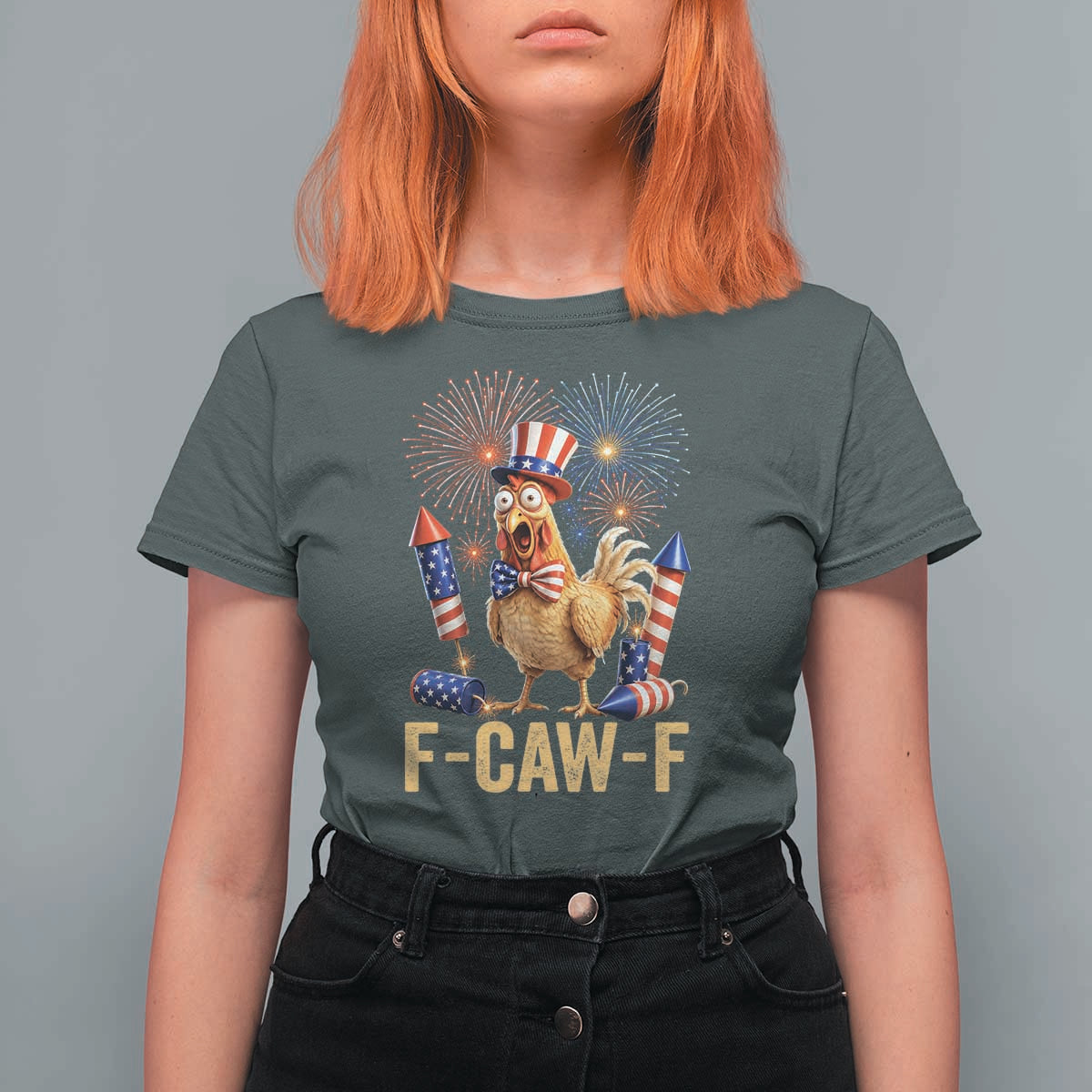 F Caw F 4th of July T Shirt For Women Funny Rooster Meme American Flag Fireworks
