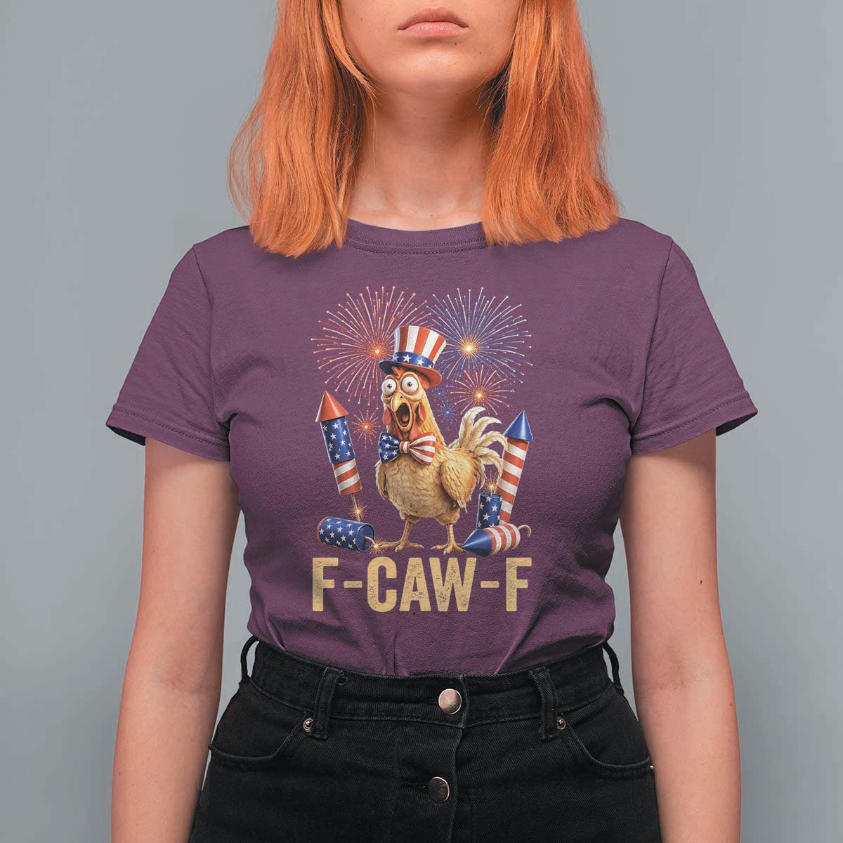 F Caw F 4th of July T Shirt For Women Funny Rooster Meme American Flag Fireworks