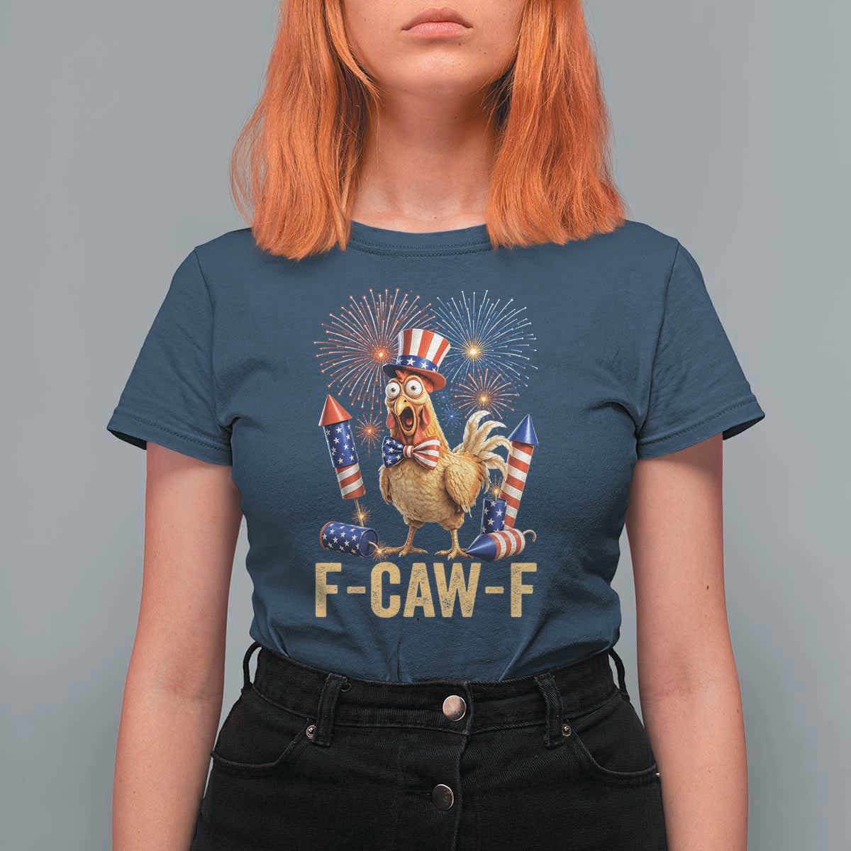F Caw F 4th of July T Shirt For Women Funny Rooster Meme American Flag Fireworks