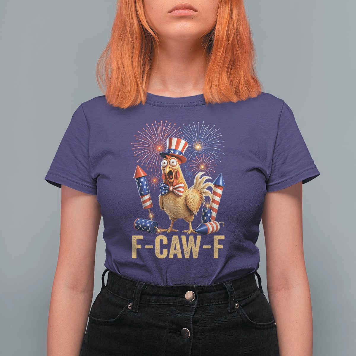 F Caw F 4th of July T Shirt For Women Funny Rooster Meme American Flag Fireworks