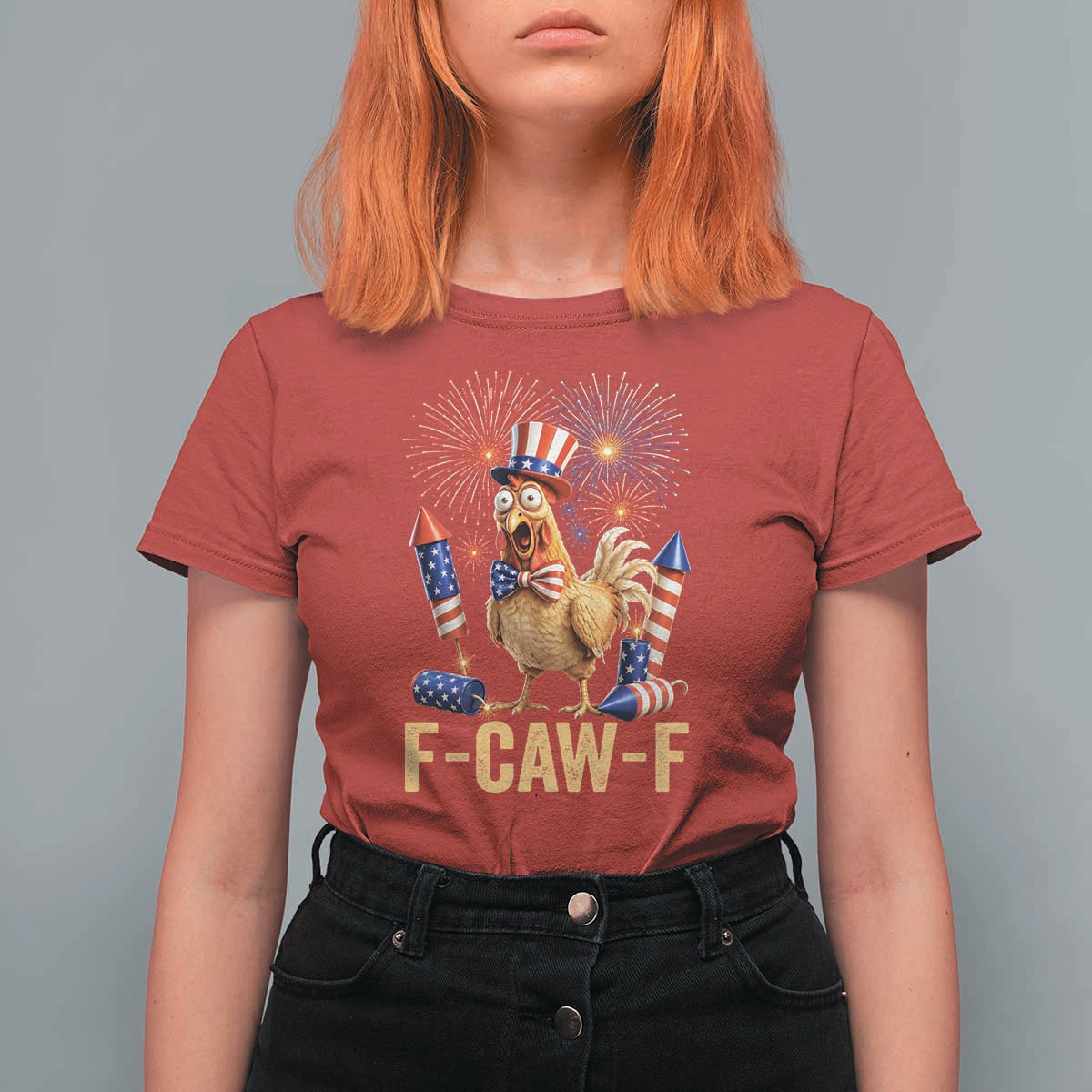 F Caw F 4th of July T Shirt For Women Funny Rooster Meme American Flag Fireworks