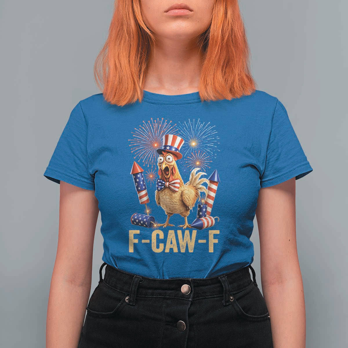 F Caw F 4th of July T Shirt For Women Funny Rooster Meme American Flag Fireworks