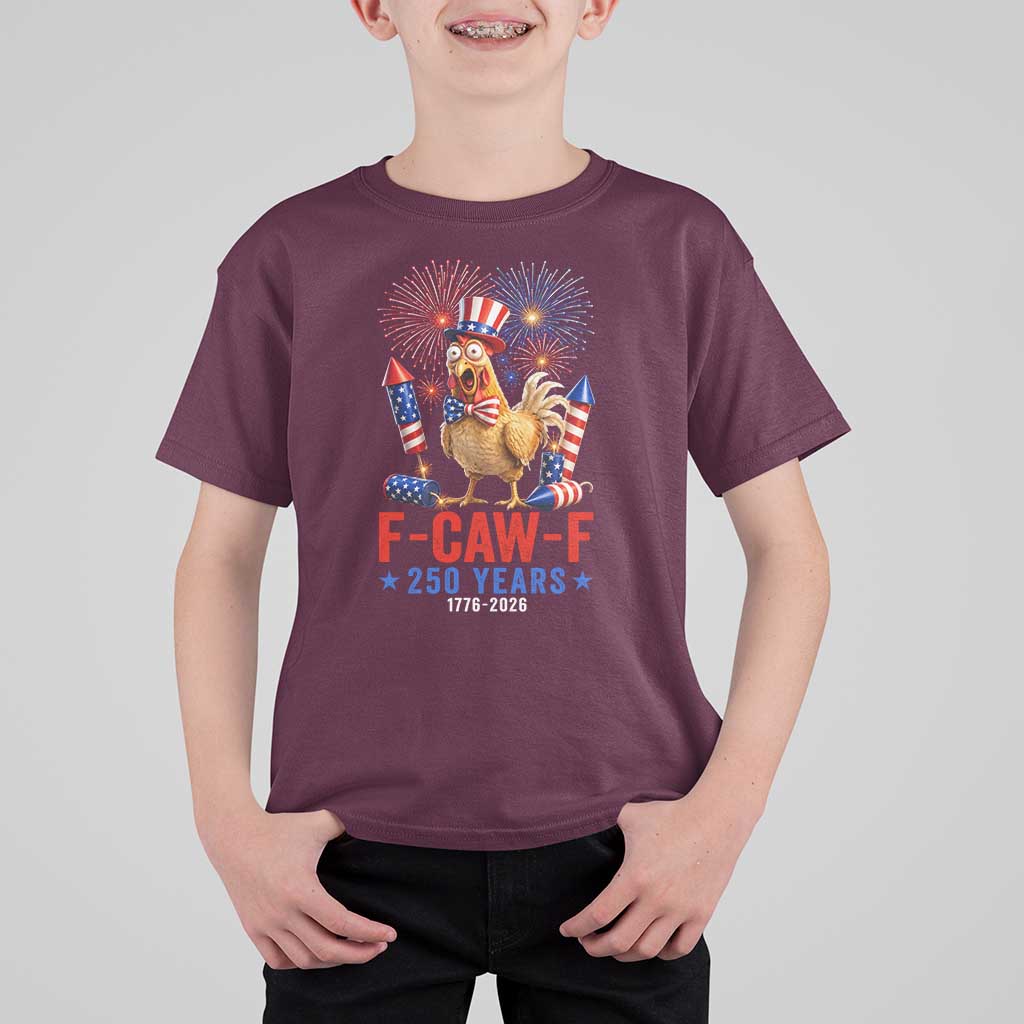 F Caw F 250 Years 1776 2026 T Shirt For Kid Funny Patriotic Rooster Meme Fireworks