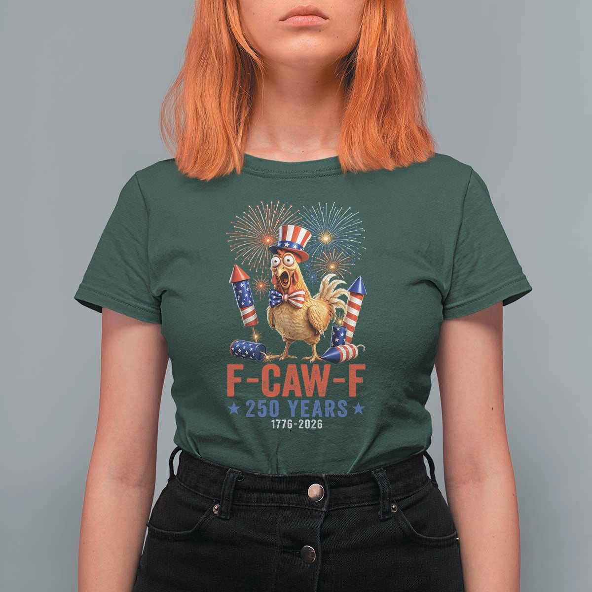 F Caw F 250 Years 1776 2026 T Shirt For Women Funny Patriotic Rooster Meme Fireworks