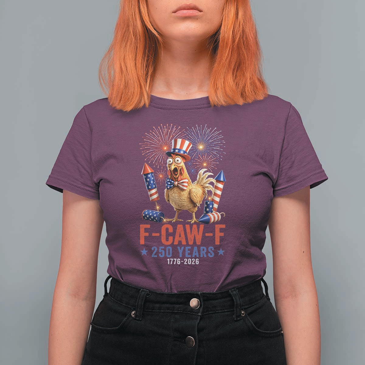F Caw F 250 Years 1776 2026 T Shirt For Women Funny Patriotic Rooster Meme Fireworks