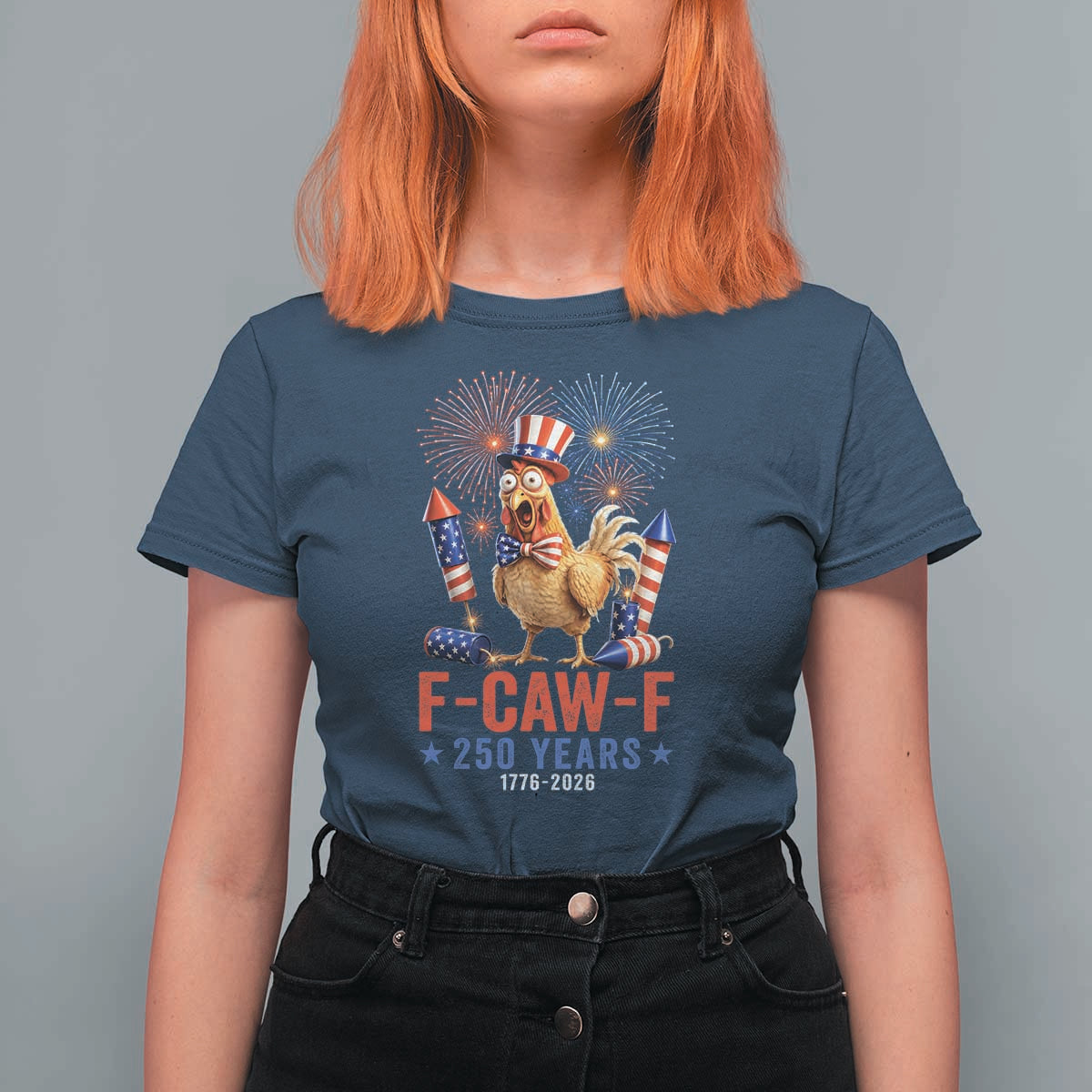 F Caw F 250 Years 1776 2026 T Shirt For Women Funny Patriotic Rooster Meme Fireworks