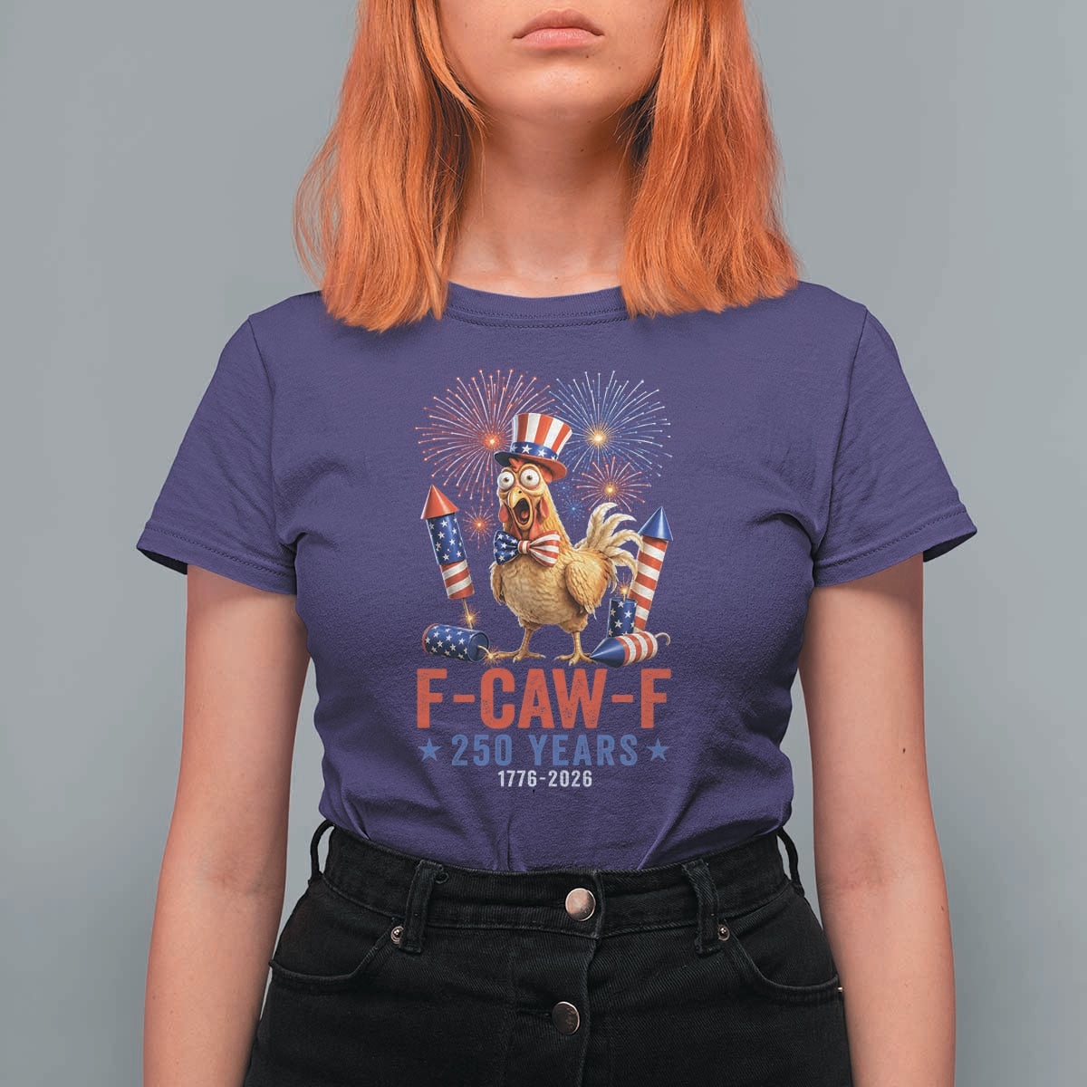 F Caw F 250 Years 1776 2026 T Shirt For Women Funny Patriotic Rooster Meme Fireworks
