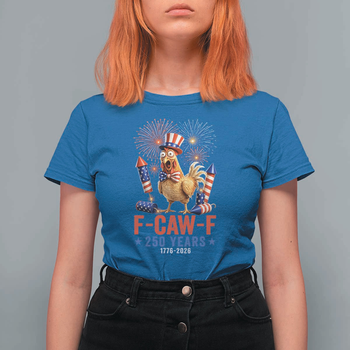 F Caw F 250 Years 1776 2026 T Shirt For Women Funny Patriotic Rooster Meme Fireworks