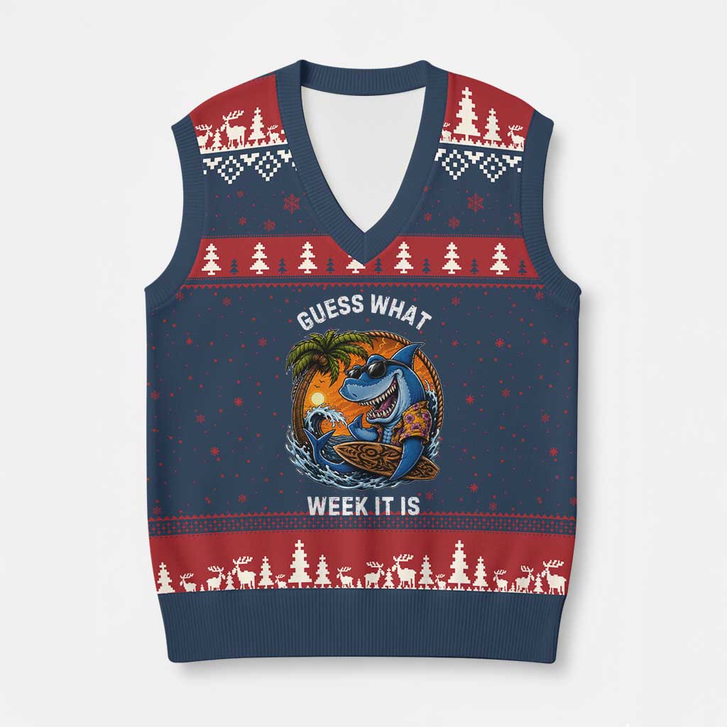 Funny Shark Guess What Week It Is V-Neck Knit Sweater Vest Shark Awareness Summer Vacation