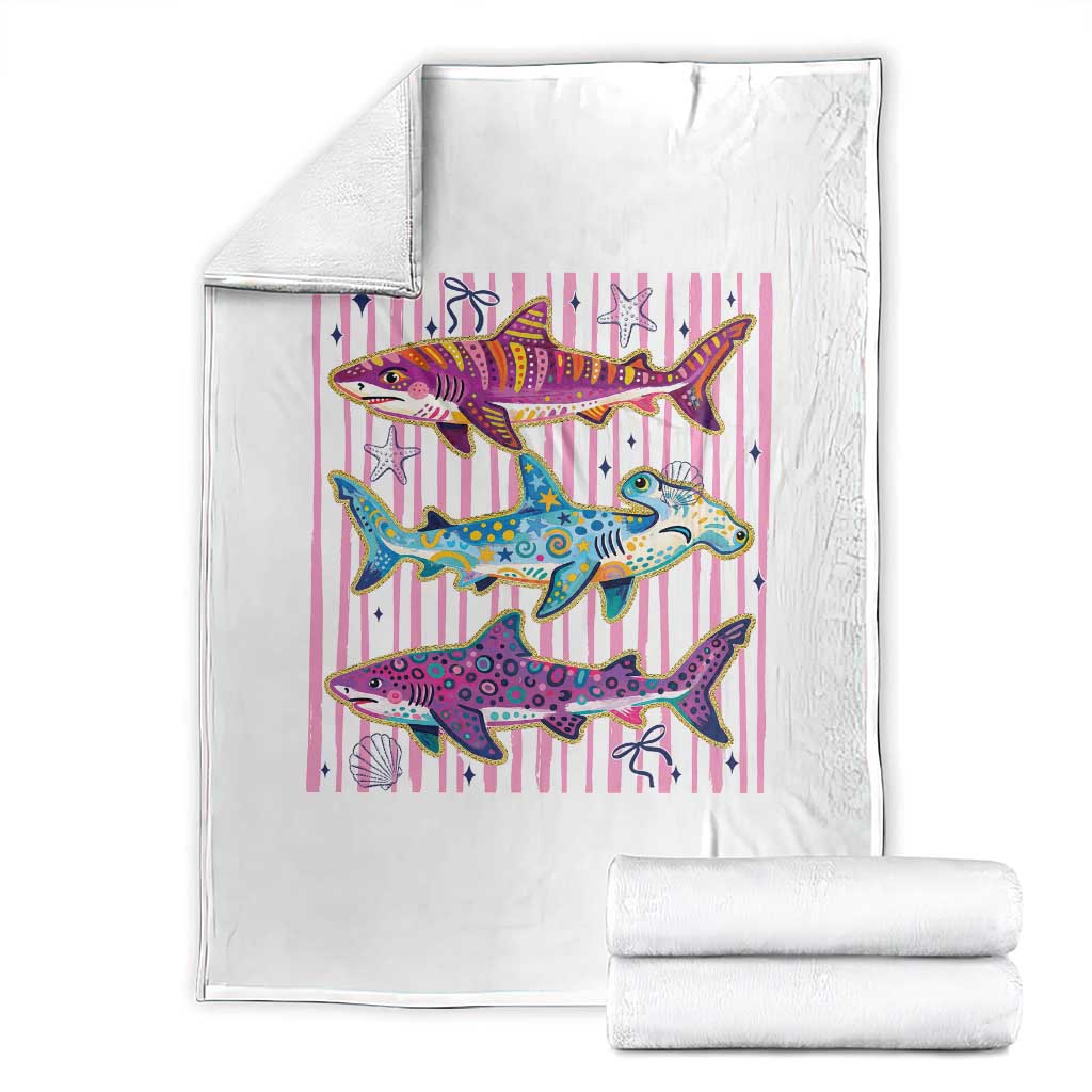 Shark Summer Striped Coastal Ocean Life Glitter Print Throw Blanket