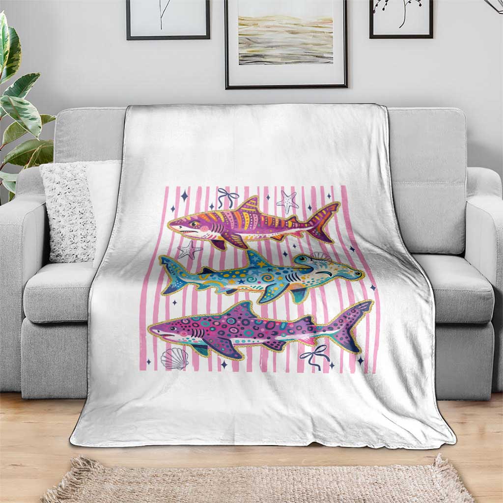 Shark Summer Striped Coastal Ocean Life Glitter Print Throw Blanket