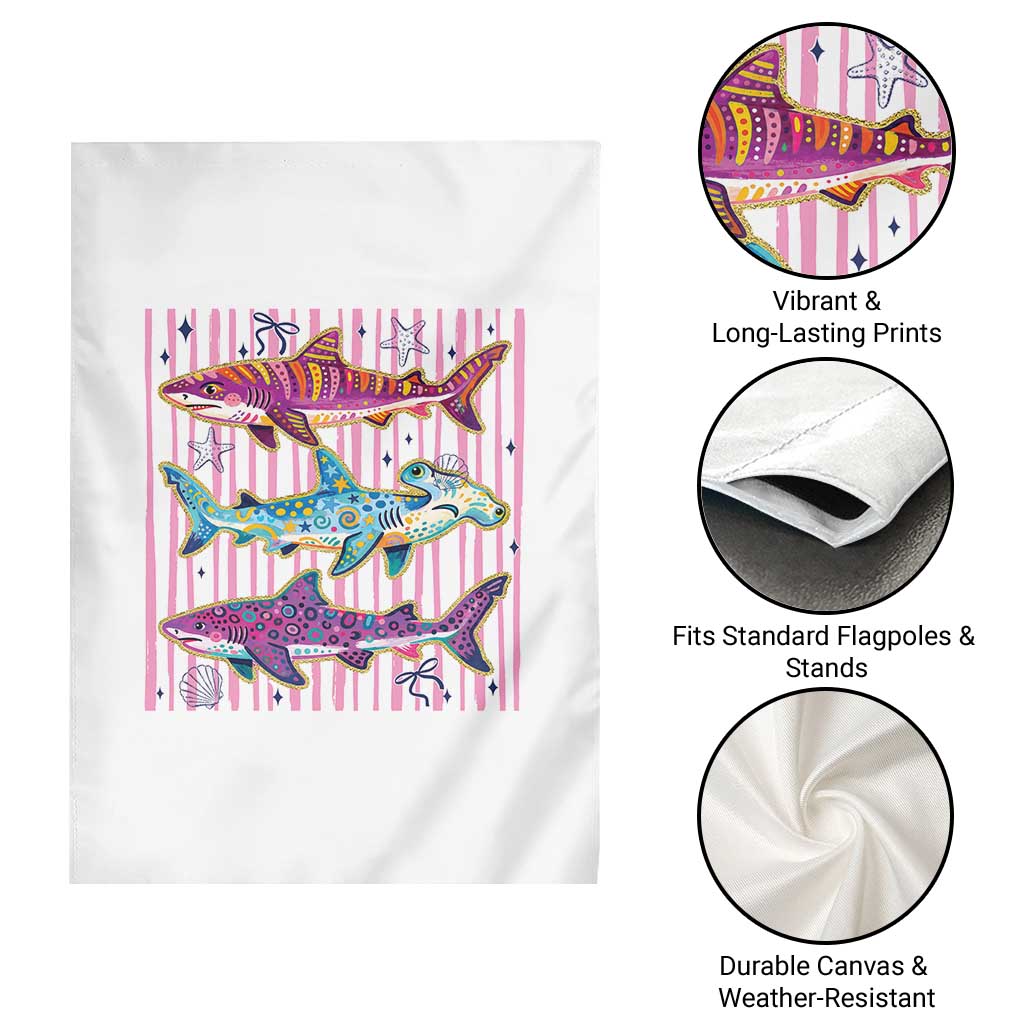 Shark Summer Striped Coastal Ocean Life Glitter Print Garden Flag