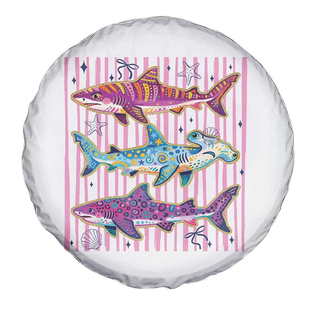 Shark Summer Striped Coastal Ocean Life Glitter Print Spare Tire Cover