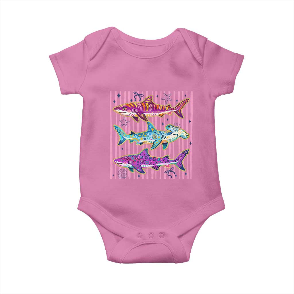 Shark Summer Striped Coastal Ocean Life Glitter Print Baby Onesie