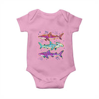 Shark Summer Striped Coastal Ocean Life Glitter Print Baby Onesie