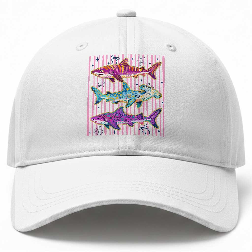 Shark Summer Striped Coastal Ocean Life Glitter Print Baseball Cap