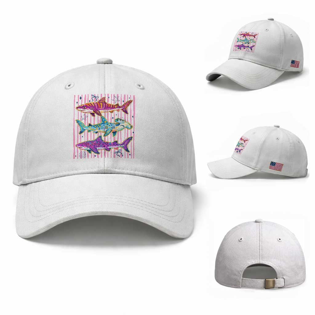 Shark Summer Striped Coastal Ocean Life Glitter Print Baseball Cap