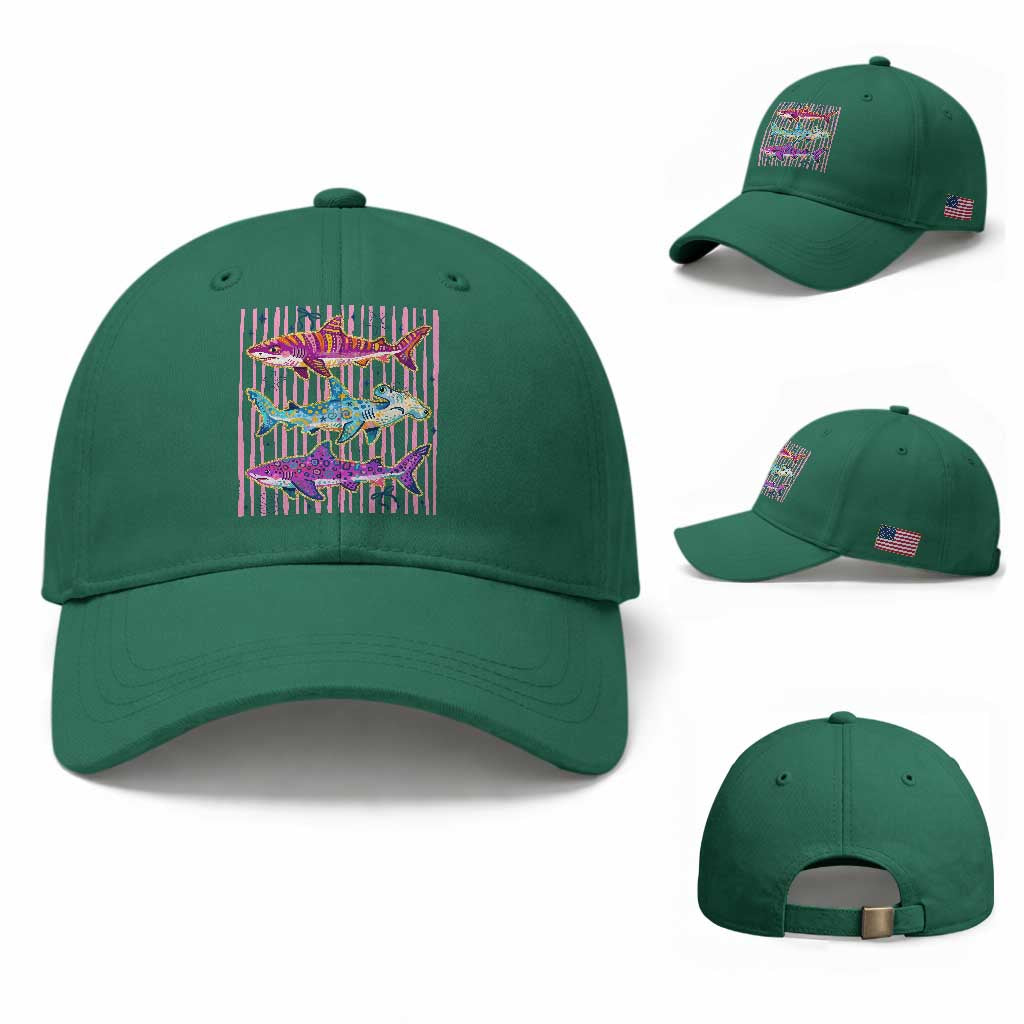 Shark Summer Striped Coastal Ocean Life Glitter Print Baseball Cap