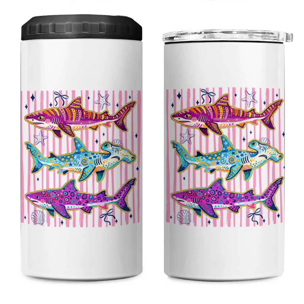 Shark Summer Striped Coastal Ocean Life Glitter Print 4 in 1 Can Cooler Tumbler