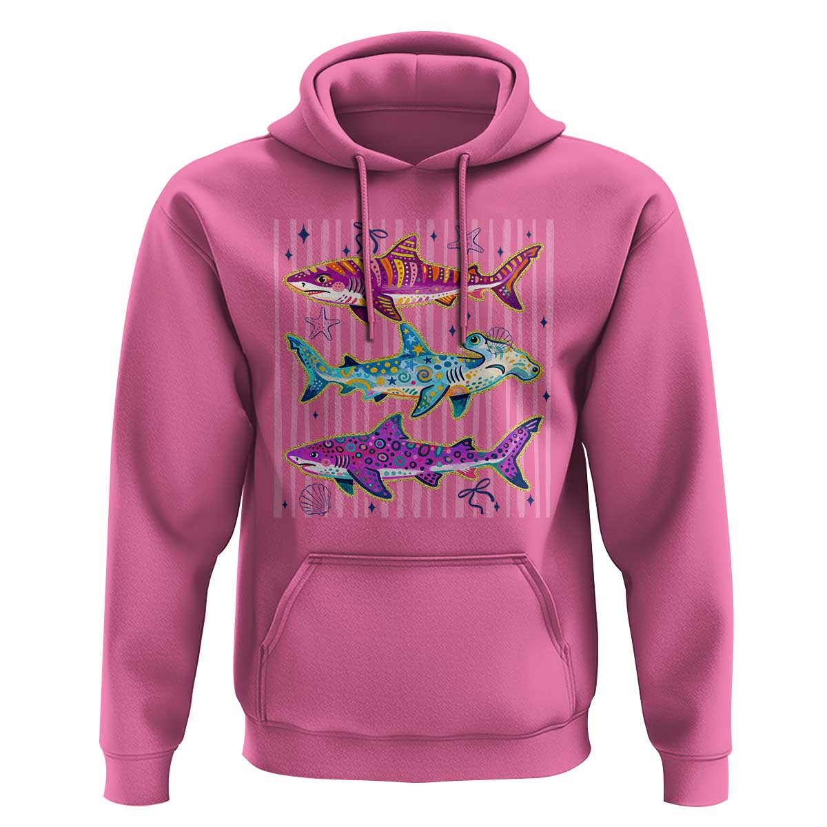 Shark Summer Striped Coastal Ocean Life Glitter Print Hoodie