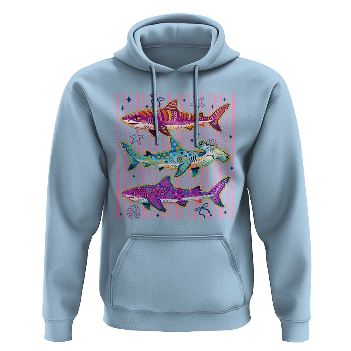 Shark Summer Striped Coastal Ocean Life Glitter Print Hoodie