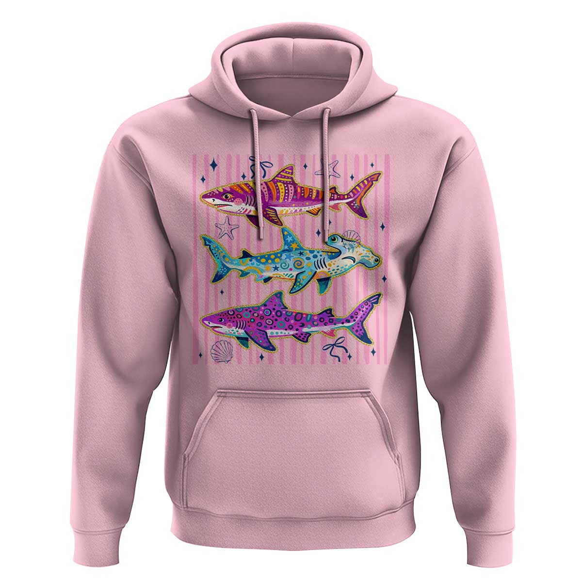 Shark Summer Striped Coastal Ocean Life Glitter Print Hoodie