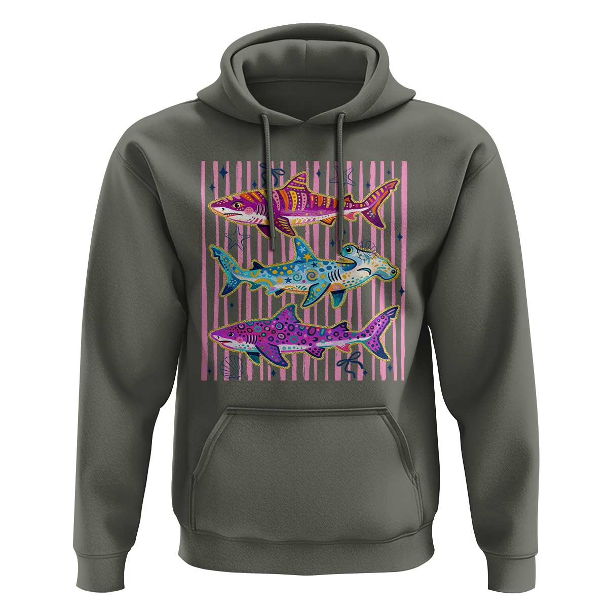 Shark Summer Striped Coastal Ocean Life Glitter Print Hoodie