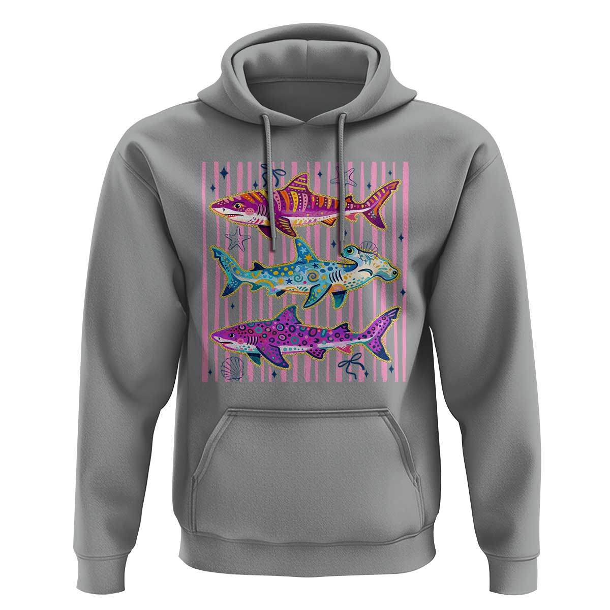 Shark Summer Striped Coastal Ocean Life Glitter Print Hoodie