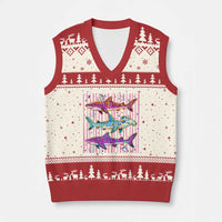 Shark Summer Striped Coastal Ocean Life Glitter Print V-Neck Knit Sweater Vest