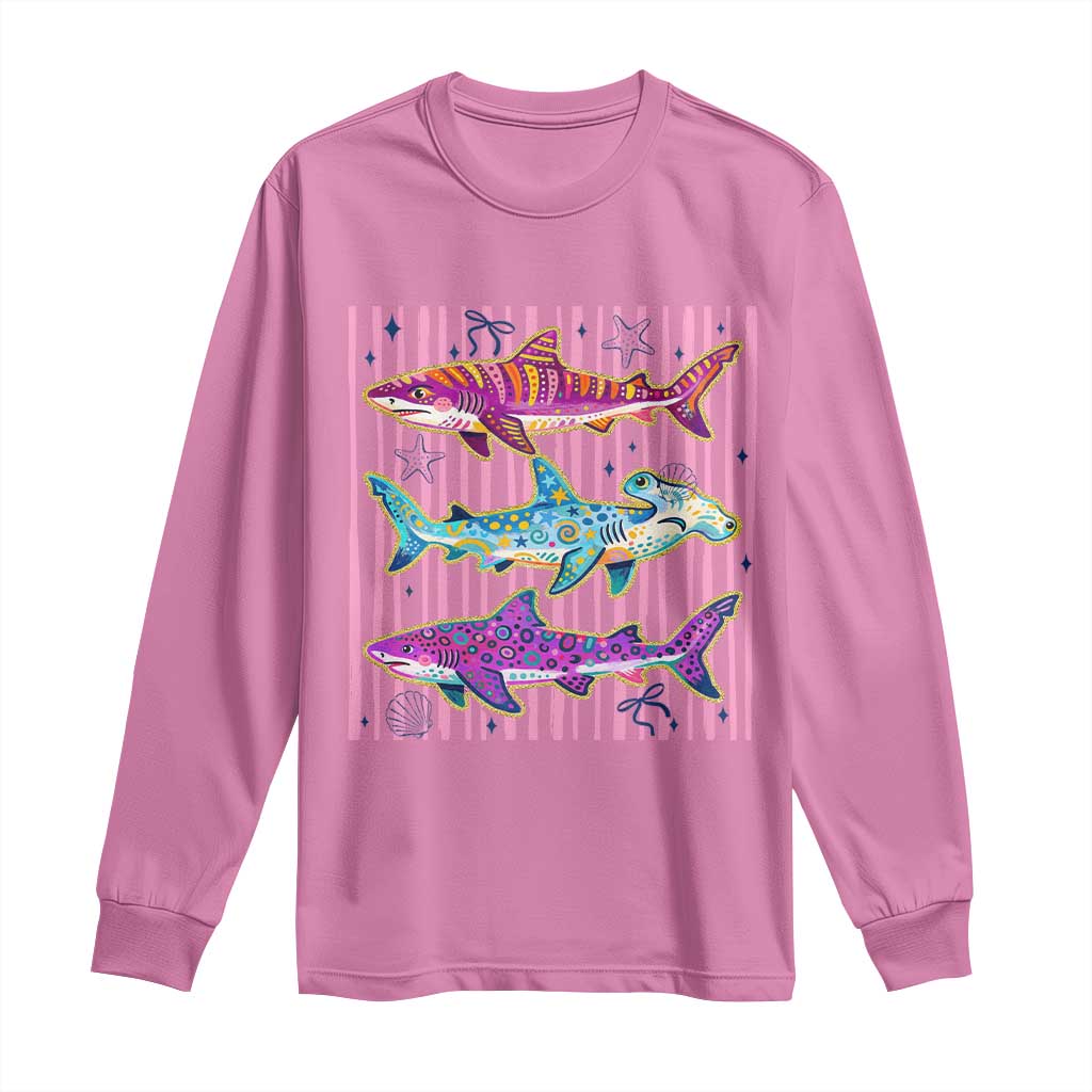 Shark Summer Striped Coastal Ocean Life Glitter Print Long Sleeve Shirt