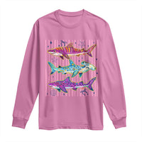 Shark Summer Striped Coastal Ocean Life Glitter Print Long Sleeve Shirt