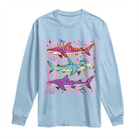 Shark Summer Striped Coastal Ocean Life Glitter Print Long Sleeve Shirt