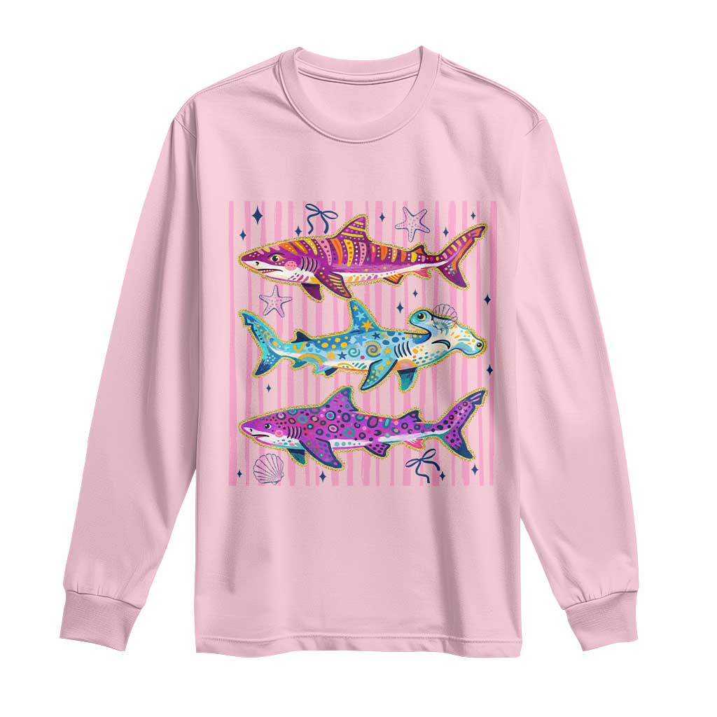 Shark Summer Striped Coastal Ocean Life Glitter Print Long Sleeve Shirt