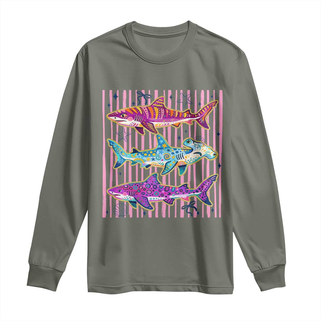 Shark Summer Striped Coastal Ocean Life Glitter Print Long Sleeve Shirt