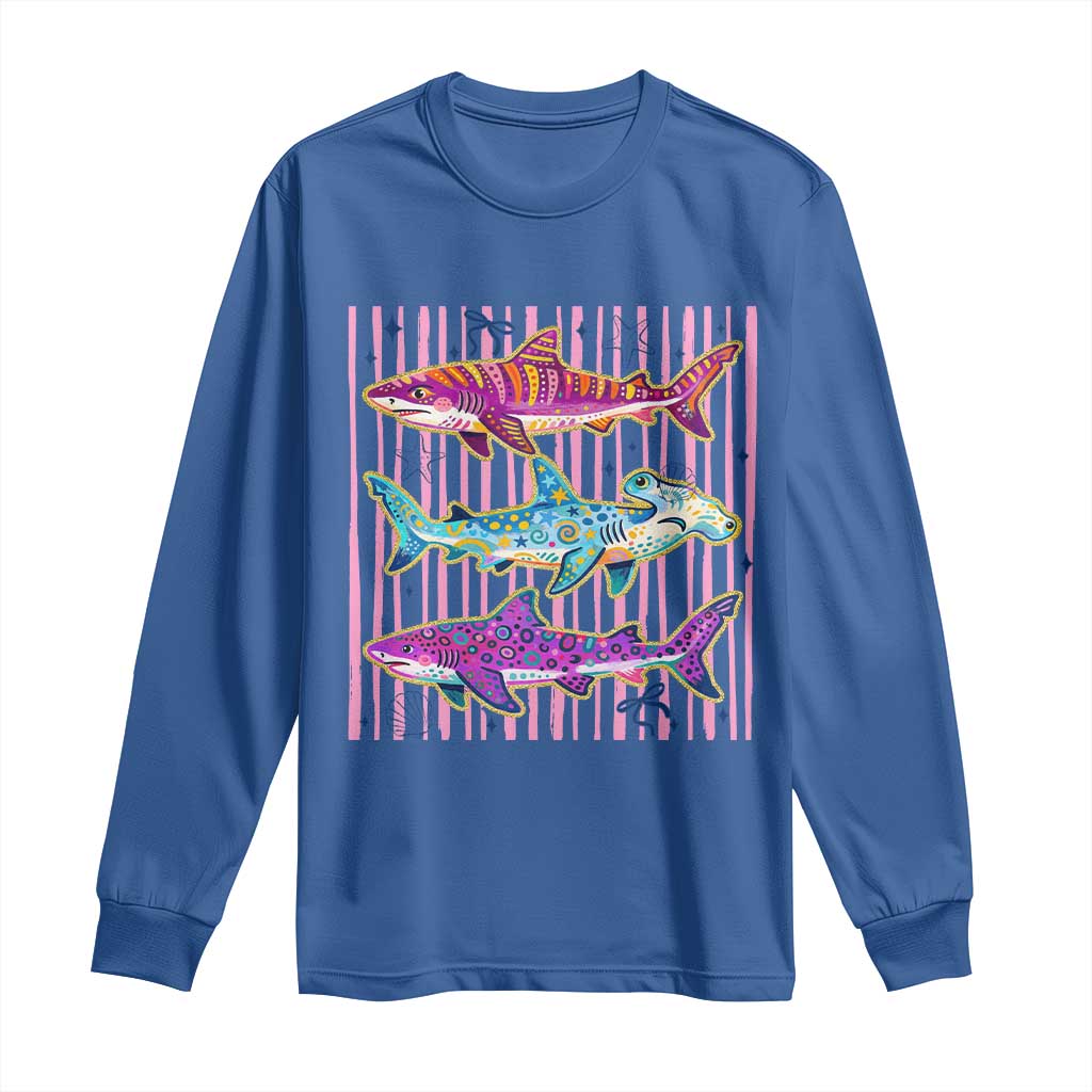 Shark Summer Striped Coastal Ocean Life Glitter Print Long Sleeve Shirt